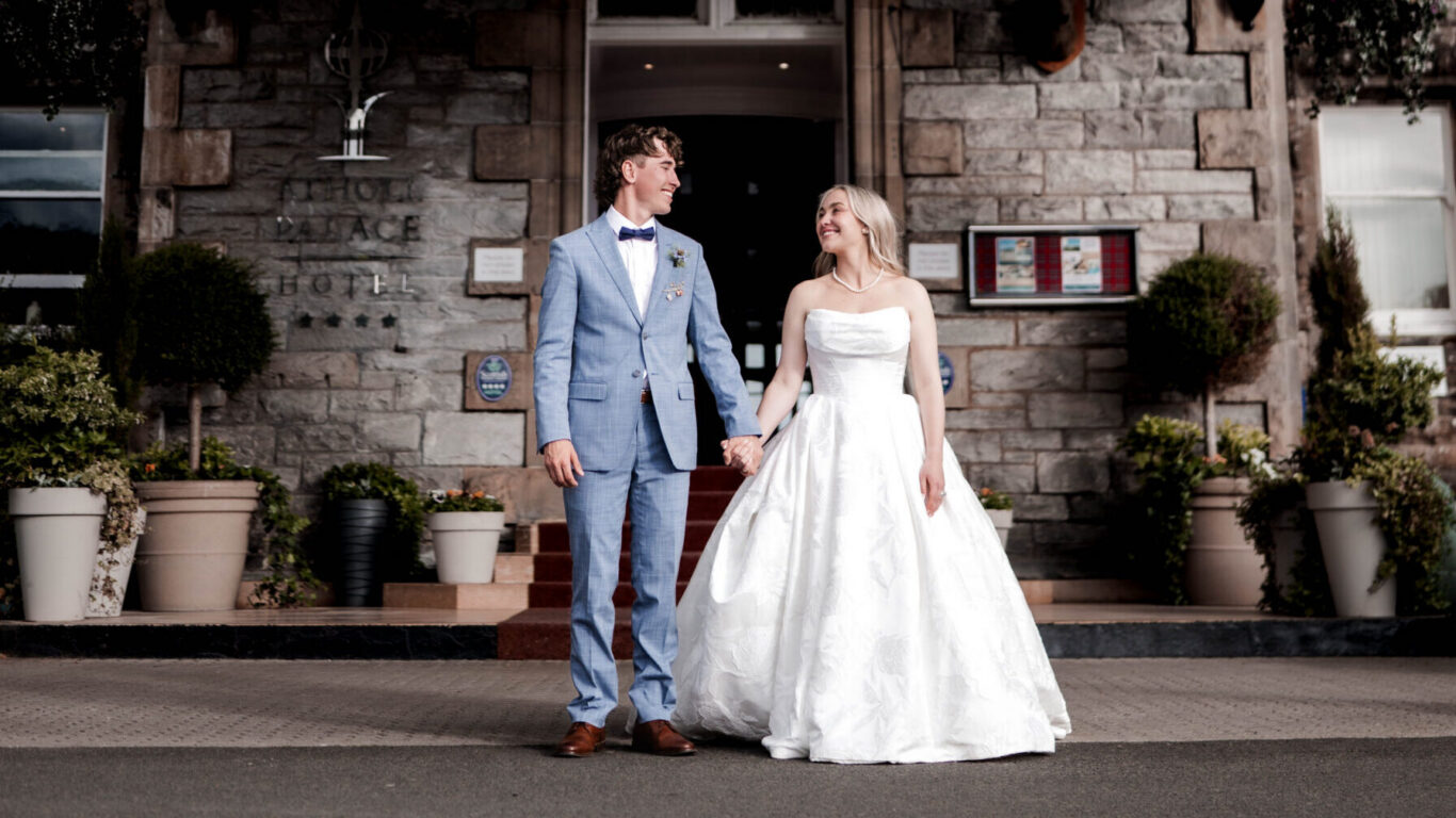 bride and groom outside atholl palace hotel, pitlochry Arrington02533